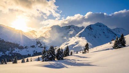 Majestic Winter Sunrise in Snowy Mountains