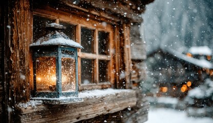 Snowy cabin window with warm lantern