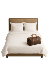 Modern bed with travel bag on transparent background
