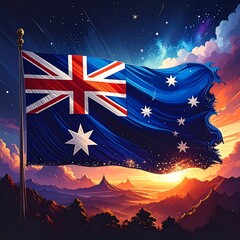 A digitally rendered flag of New Zealand, waving in a vibrant sunset scene, with mountain ranges and stars