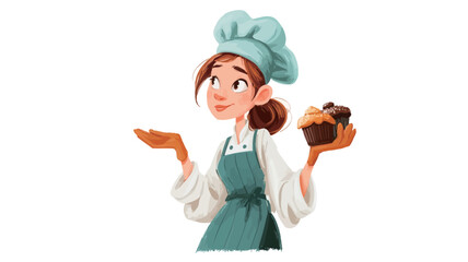 A digital illustration depicts a cartoon-style female baker with shoulder-length brown hair, wearing a teal apron and a white chef's hat. She is smiling and holding a cupcake in one hand, while her