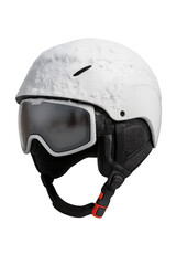 White ski helmet with goggles covered in snow on transparent background