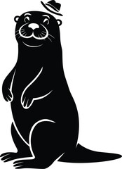 Obraz premium Adorable Smiling Otter with Hat Silhouette Vector on Transparent Background - Cute River Mammal Wildlife Graphic Illustration for Design Projects.
