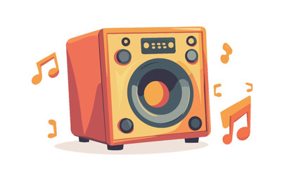 A digital illustration depicts a cartoon-style portable speaker. The speaker is primarily orange and yellow, with a large central speaker cone. It has a simple control panel indicated by small
