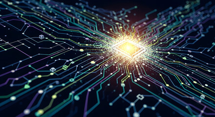 Abstract illustration of a CPU chip and electronic pathways, showcasing data processing and technology