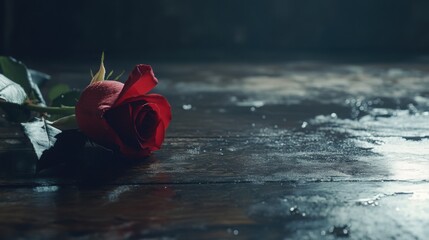 Beautiful Red Rose Lying on Wet Wooden Floor with Soft Lighting