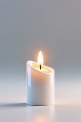 A 3D rendered white Christmas candle with soft glow, modern glossy design, white base