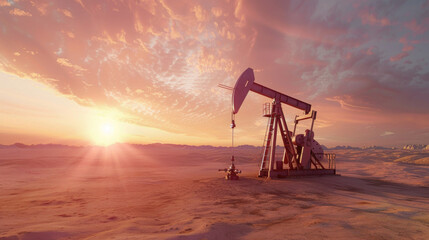 Naklejka premium Oil pump jack operates during sunset in a desert landscape with colorful sky and distant mountains