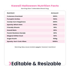 Kawaii Halloween Nutrition Facts Table with Cute Ghost Hug Serving Size vector illustration