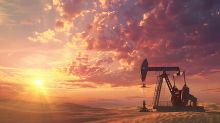 Naklejka premium Oil pump jack operates in a desert landscape during a stunning sunset with vibrant colors and dramatic clouds
