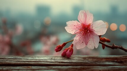 Pink cherry blossom on weathered wood