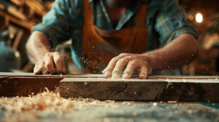 Craftsman skillfully working with wood in a workshop during daylight hours creating intricate designs
