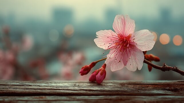 Pink cherry blossom on weathered wood