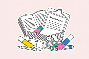 Stack of Books Clipboard and School Supplies Sticker Design Keywords: sticker, design, illustration, books, open book, clipboard, papers, a+ graded papers, pencil, eraser, pen, stationery, school