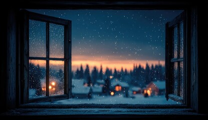 Snowy winter scene seen through an open window