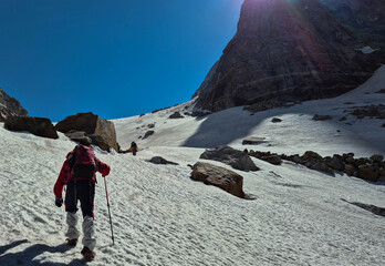 hiker in winter mountains
