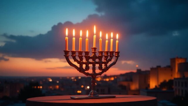 A traditional Jewish menorah with lit candles on a table, suitable for Hanukkah or holiday decorations