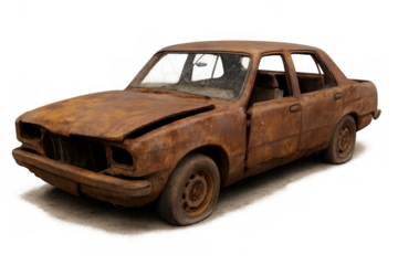 Rusty abandoned car decaying with broken windows on transparent background
