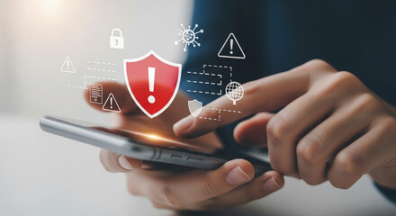 Cybersecurity Alert Person using Smartphone with red shield overlay indicating a security threat data breach or online