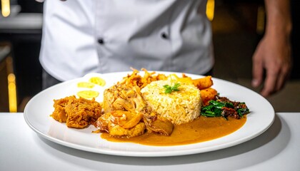 A Delicious and Flavorful Plate of Authentic Sri Lankan Rice and Curry Presented by a Chef
