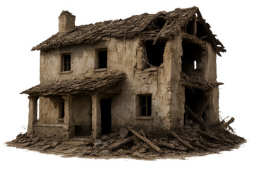 Fototapeta premium Crumbling abandoned house showing decay and damage with transparent background