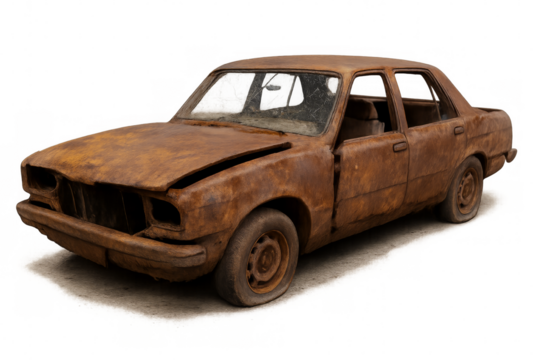 Rusty abandoned car decaying with broken windows on transparent background