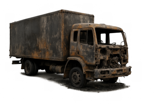 Rusty burnt delivery truck isolated on transparent background