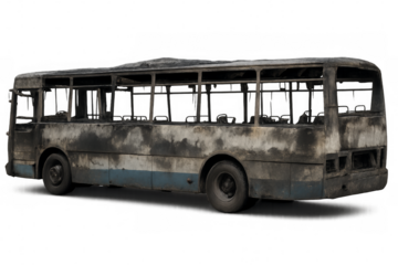 Burned bus showing destruction and damage with transparent background