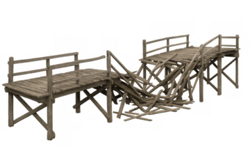 Broken wooden bridge isolated on transparent background representing destruction