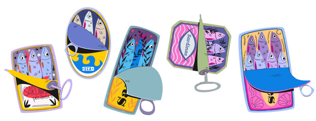 Retro sardine cans set isolated on white background. Vector cartoon illustration of colorful canned fish for vintage food poster, delicious marine snack with olive oil or tomatoes, gourmet groceries