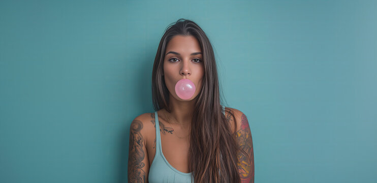 Young woman blowing pink bubble gum in front of a vibrant blue wall showcasing her tattoos and long dark hair