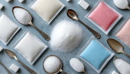 Neatly arranged packets of sugar substitutes like aspartame and stevia on a kitchen counter