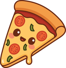 Kawaii Illustration of a Smiling Pizza Slice with Cheese and Vegetables