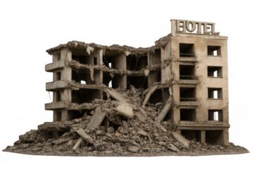 Destroyed hotel building crumbling with debris on transparent background