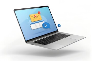 Email Notification Interface laptop Screen with Message Alerts, Envelopes, and Speech Bubble Icons