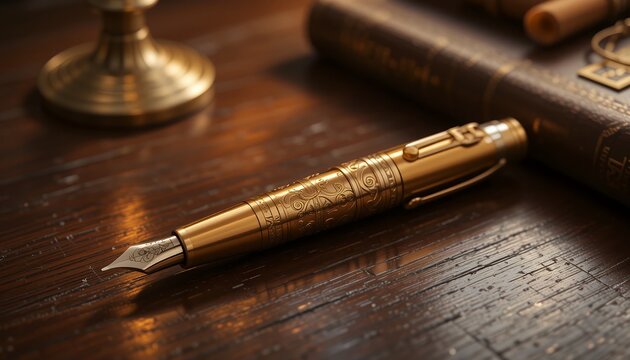 Close up of an intricately designed vintage fountain pen resting on a wooden surface with ambient