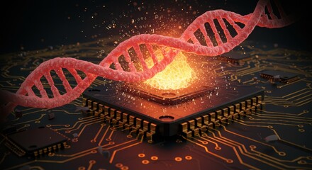 Futuristic Biotech Convergence: DNA Helix and Microchip Integrate with Binary Code