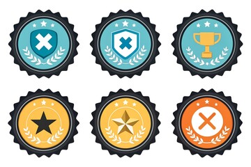 Achievement Badge Icons Diamond, Ribbon, Trophy, Crown, Star, and Medal in Scalloped Circular Design