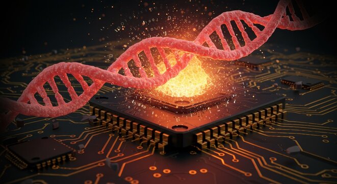 Futuristic Biotech Convergence: DNA Helix and Microchip Integrate with Binary Code