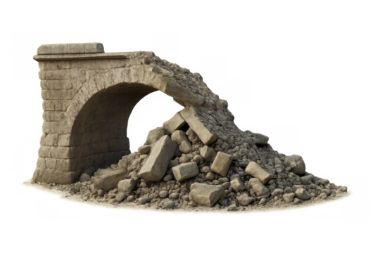 Ruined stone bridge arch crumbling with transparent background