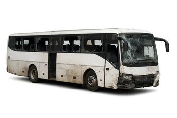 Broken white coach bus with shattered windows on transparent background