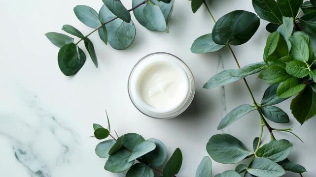 A serene arrangement featuring a nourishing cream in a sleek white jar, surrounded by fresh green leaves against a marble backdrop, highlighting natural beauty.