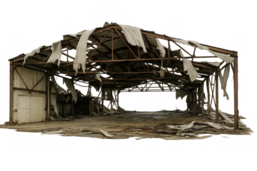 Destroyed warehouse building with torn roof on transparent background