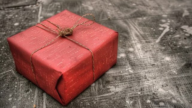 A small gift box wrapped in brown string and tied with a bow