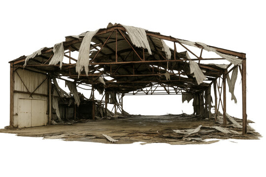 Destroyed warehouse building with torn roof on transparent background