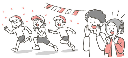 運動会で走る子供たちと応援する両親のイラスト	