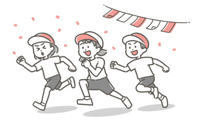 紙吹雪の中、運動会で走る子供たちのイラスト