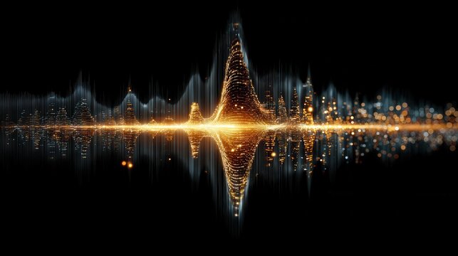 Glowing light wave reflections on dark surface representing audio or data visualization, abstract design