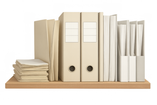 Office shelf showing binders and paperwork with transparent background