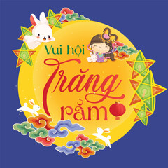 Mid-Autumn Festival cartoon style illustration, cute rabbits with delicious mooncakes and a full moon. Vietnamese
